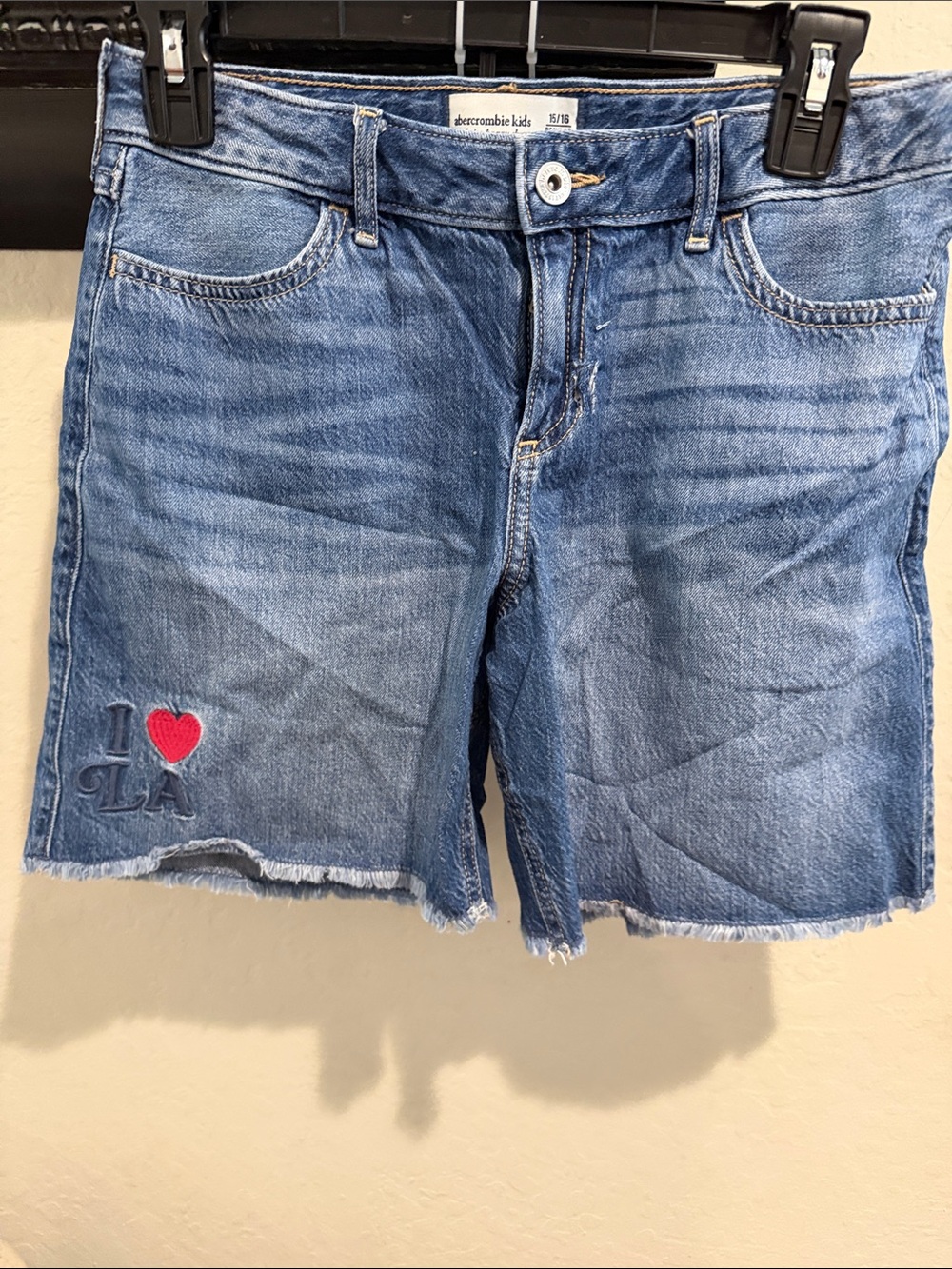 abercrombie kids light blue denim shorts with red heart embroidery